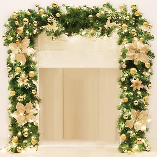 Weihnachtskranz, 2,7 m Lange Girlanden for die Dekoration von Weihnachten, dekoriert mit Blumen, Kugeln, künstlichem Grün im Hausgarten oder for Hochzeitsfeiern(Gold) von ZGHQHCDRH