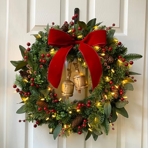 Weihnachtskranz, Weihnachtsgirlande mit Lichtern, 19,6 Zoll Girlanden zur Dekoration Weihnachten, Tannenzapfen, roten Beeren, Glocke, Schleife, Feiertagsgirlande for Tür, Fenster, Wand(60cm/23.6in) von ZGHQHCDRH