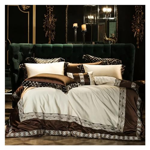 ZGHQHCDRH Bettwäsche-Set bestehend aus Vier Teilen: Stickerei Patchwork Bettbezug Luxus Golden Satin Baumwolle Bettwäsche Set Bettlaken Tagesdecke Kissenbezüge(A,Fitted Bed Sheet-King 4PCS) von ZGHQHCDRH