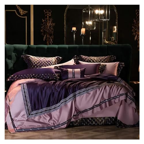 ZGHQHCDRH Bettwäsche-Set bestehend aus Vier Teilen: Stickerei Patchwork Bettbezug Luxus Golden Satin Baumwolle Bettwäsche Set Bettlaken Tagesdecke Kissenbezüge(B,Fitted Bed Sheet-Queen 4PCS) von ZGHQHCDRH