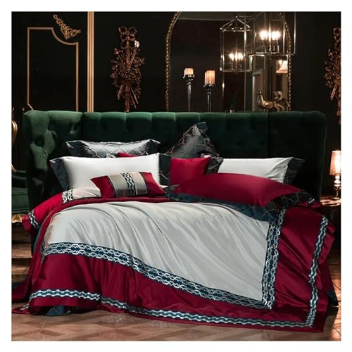 ZGHQHCDRH Bettwäsche-Set bestehend aus Vier Teilen: Stickerei Patchwork Bettbezug Luxus Golden Satin Baumwolle Bettwäsche Set Bettlaken Tagesdecke Kissenbezüge(C,Fitted Bed Sheet-King 4PCS) von ZGHQHCDRH