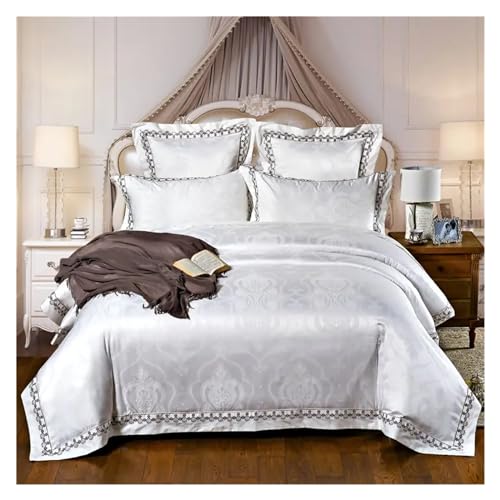 ZGHQHCDRH Bettwäsche-Set bestehend aus Vier Teilen: Weiße King-Size-Bettwäsche-Sets, luxuriöser bestickter Satin-Baumwoll-Jacquard-Bettbezug, Bettlaken, Kissenbezüge(A,King Size 4pcs) von ZGHQHCDRH