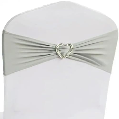 ZGHQHCDRH Stuhl-Schleifen, 10 Stück 50 Stück Stretch-Stuhlschärpenschleife mit Herzschnalle, elastisches Spandex-Hochzeitsstuhlband, Schärpenbänder(Silver Grey,10 pcs) von ZGHQHCDRH
