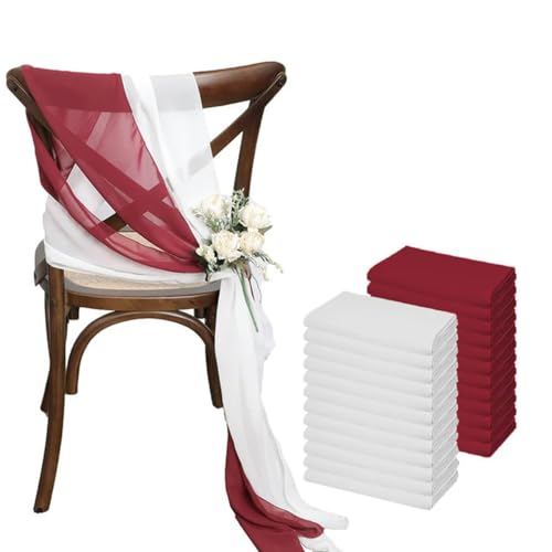 ZGHQHCDRH Stuhlschleifen， 24 Stück 17 x 275 cm Chiffon-Stuhlschärpen, 12 Sets weiße Stuhlschärpen, Hochzeits-Stuhlschärpen, Band, Hochzeit, Party, Gang, Stuhl-Dekoration(White Dark Red) von ZGHQHCDRH