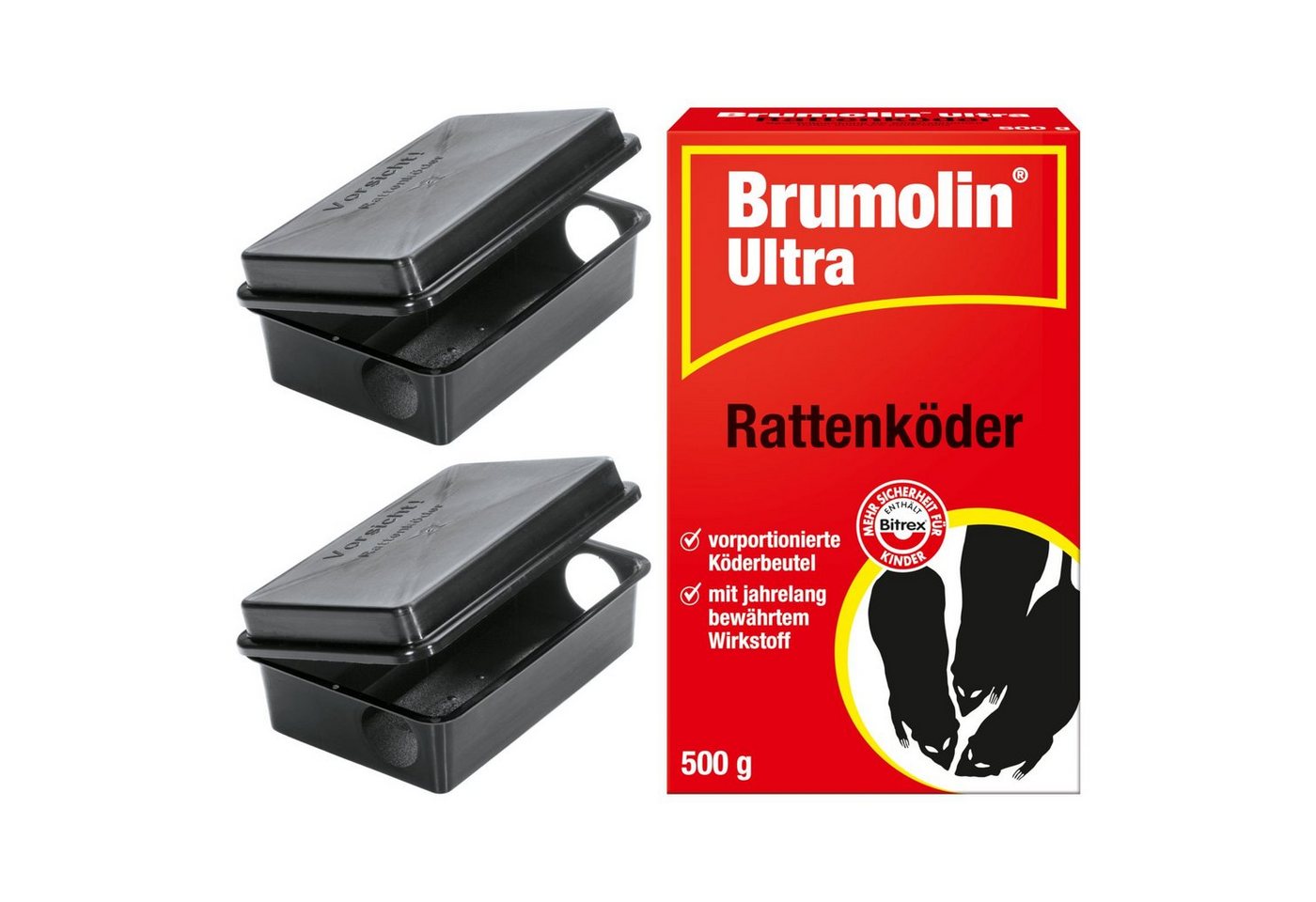 ZGM Gift-Rattenköder Set zur Rattenbekämpfung - 2x Ratten Köderstation + Brumolin Getreidek von ZGM