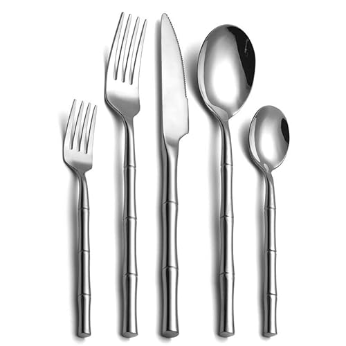 Geschirr 30-teiliges Bambus-Griff Besteck-Set Edelstahl Steakmesser Gabel Set Servieren 6 Personen Geschirrspüler verfügbar Tafelservice (Farbe: 30 Stück Silber) von ZGMJ