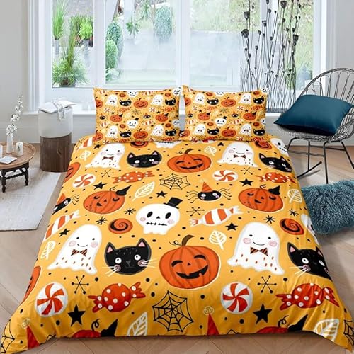 ZGRTZH Bettwäsche 160 x 200 Halloween-Kürbis Bettbezug mit Reißverschluss Bettbezug Set 3 Teilig Weiche Angenehme Mikrofaser Bettwäsche-Sets und 2 Kissenbezug 80 x 80 cm von ZGRTZH