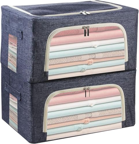ZGSSOPTU Aufbewahrungsbox aus Stoff, faltbarer Mülleimer, stapelbare Behälter, Kleider-Organizer mit transparent (Marineblau) von ZGSSOPTU