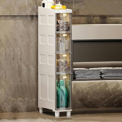 ZGSSOPTU Aufbewahrungsschrank, stapelbar, schmal, hoch, schmal, Boden, 3/4/5 Etagen, Seiten-Organizer mit Kunststoff-Schubladen (transparent-grau, 14 cm, 4 Etagen) von ZGSSOPTU