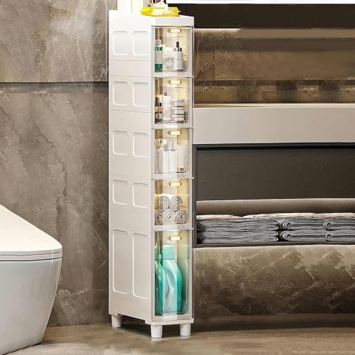 ZGSSOPTU Aufbewahrungsschrank, stapelbar, schmal, hoch, schmal, Boden, 3/4/5 Etagen, Seiten-Organizer mit Kunststoff-Schubladen (transparentes Weiß, 18 cm, 5 Etagen) von ZGSSOPTU