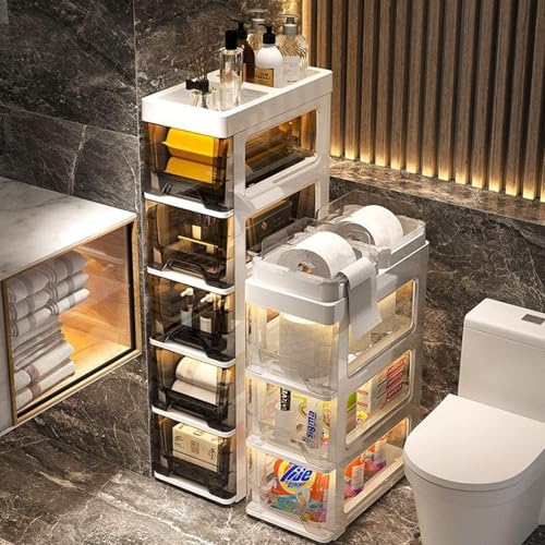 ZGSSOPTU Badezimmer-Aufbewahrungsschrank mit Türen und Regalen, Toilettenpapier, wasserdichter Organizer, schmal für 5 Ebenen (4 Etagen, weiße obere Ablage) von ZGSSOPTU