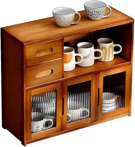 ZGSSOPTU Bambus-Aufbewahrungsschrank mit 2 Ebenen, Teetassenhalter, kleine Küche, Speisekammer, Sideboard mit Glastüren, Esszimmer (braun) von ZGSSOPTU