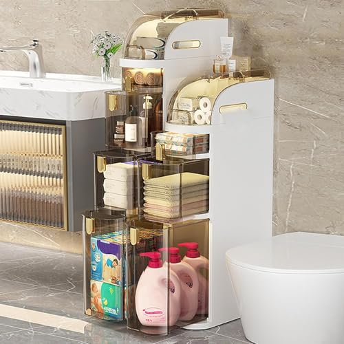 ZGSSOPTU Kleiner Badezimmer-Aufbewahrungsschrank, schmaler Seiten-Organizer mit Toilettenpapierhalter, schmale Toilette, bodenstehende mobile Box (3 Ebenen) von ZGSSOPTU