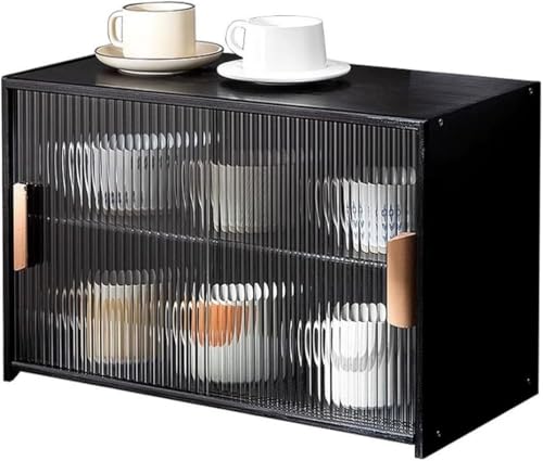 ZGSSOPTU Kleiner Küchenschrank, schwarz, Kaffeetassen-Aufbewahrung, Bambus-Wand-Sideboard mit Glastüren, Schrank, Lebensmittel (55 cm) von ZGSSOPTU