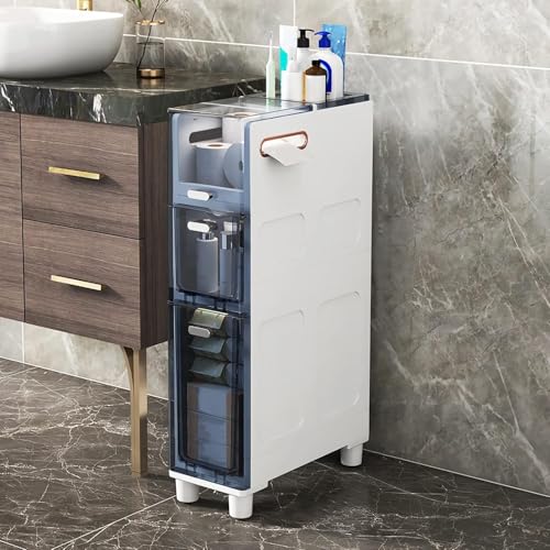 ZGSSOPTU Schmaler Schrank mit 5 Ebenen, schmaler Toilettenschrank mit transparenten Schubladen und Rollen, stabile Kommode für Badezimmer (blau, transparent, 3 Etagen) von ZGSSOPTU