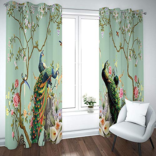 ZGSSSSS Gardinen Blickdicht Wohnzimmer 2er Set W140xH250 Vorhang Verdunklung mit Ösen 100% Polyester Ösenvorhang Thermo Schallschutz für Kinder Schlafzimmer Kinderzimmer- Pfau Und Blume von ZGSSSSS