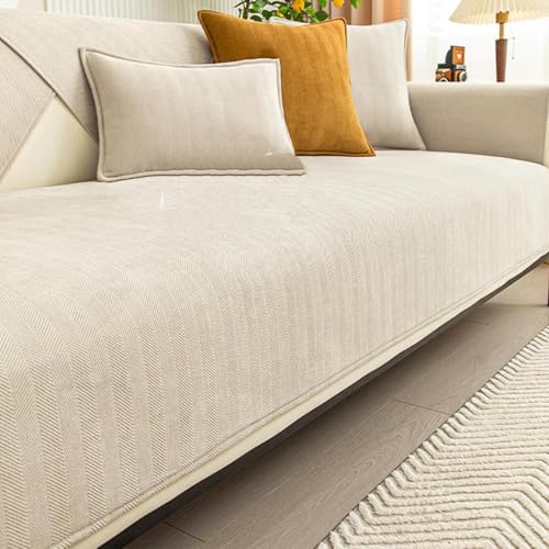 ZGWRYI Sofaschoner Chenille Sofa Cover Anti-Rutsch Couch Überzug für L-Form 3-Sitzer,Waschbarer Sommer-Sofabezug mit Weichem Griff Vintage-Design(Weizenbeige (A),70x150cm) von ZGWRYI