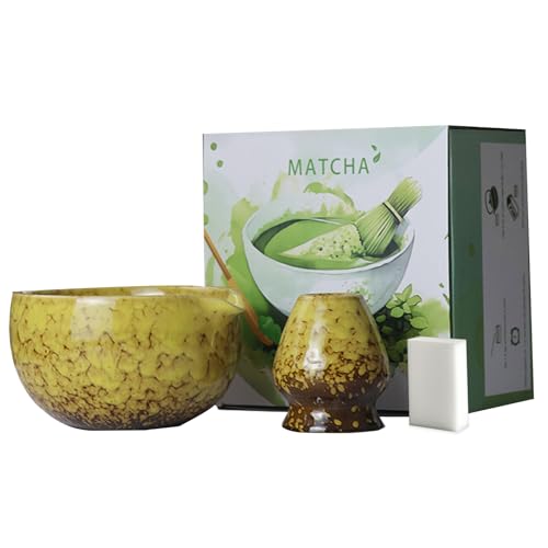 Matcha Set, 3 Stück Matcha Tee Set mit Matcha Besen, Edelstahlsieb, Matcha Schale, Matcha Löffel, Besenhalter aus Keramik, Scheuerschwamm, Geschenk für Matcha-Liebhaber von ZGZFEIYU