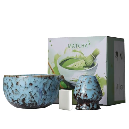 Matcha Set, 3 Stück Matcha Tee Set mit Matcha Besen, Edelstahlsieb, Matcha Schale, Matcha Löffel, Besenhalter aus Keramik, Scheuerschwamm, Geschenk für Matcha-Liebhaber von ZGZFEIYU