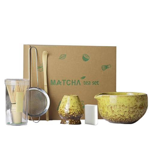 Matcha Set, 6 Stück Matcha Tee Set mit Matcha Besen, Edelstahlsieb, Matcha Schale, Matcha Löffel, Besenhalter aus Keramik, Scheuerschwamm, Geschenk für Matcha-Liebhaber von ZGZFEIYU