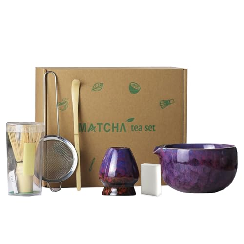 Matcha Set, 6 Stück Matcha Tee Set mit Matcha Besen, Edelstahlsieb, Matcha Schale, Matcha Löffel, Besenhalter aus Keramik, Scheuerschwamm, Geschenk für Matcha-Liebhaber von ZGZFEIYU