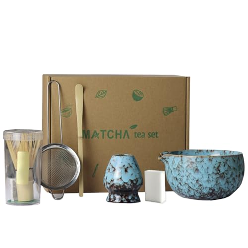 Matcha Set, 6 Stück Matcha Tee Set mit Matcha Besen, Edelstahlsieb, Matcha Schale, Matcha Löffel, Besenhalter aus Keramik, Scheuerschwamm, Geschenk für Matcha-Liebhaber von ZGZFEIYU