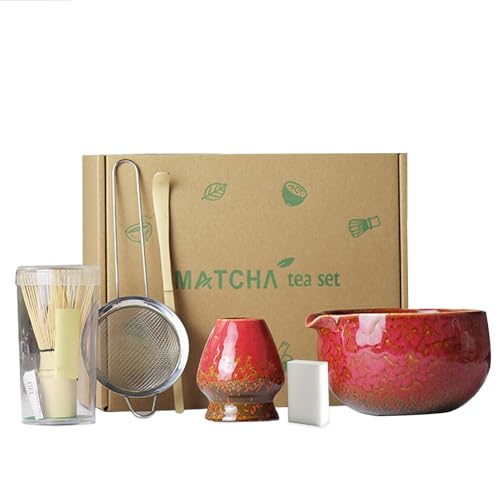 Matcha Set, 6 Stück Matcha Tee Set mit Matcha Besen, Edelstahlsieb, Matcha Schale, Matcha Löffel, Besenhalter aus Keramik, Scheuerschwamm, Geschenk für Matcha-Liebhaber von ZGZFEIYU
