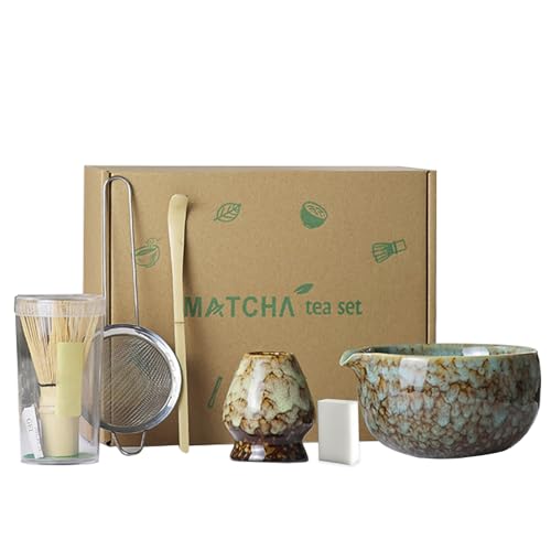 ZGZFEIYU Matcha Set, 6 Stück Matcha Tee Set mit Matcha Besen, Edelstahlsieb, Matcha Schale, Matcha Löffel, Besenhalter aus Keramik, Scheuerschwamm, Geschenk für Matcha-Liebhaber von ZGZFEIYU