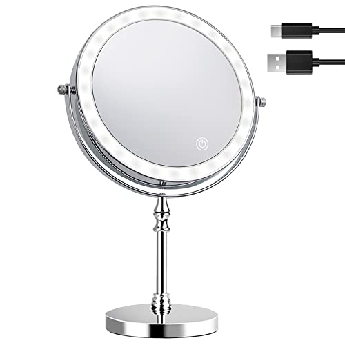 Amelar Wiederaufladbar Kosmetikspiegel 1X/10X Vergrößerung mit LED Beleuchtetung, 3 Farben Dimmbarer Tischspiegel mit Touchschalter, Schminkspiegel 360° Drehbar für Badezimmer und Zuhause von Amelar