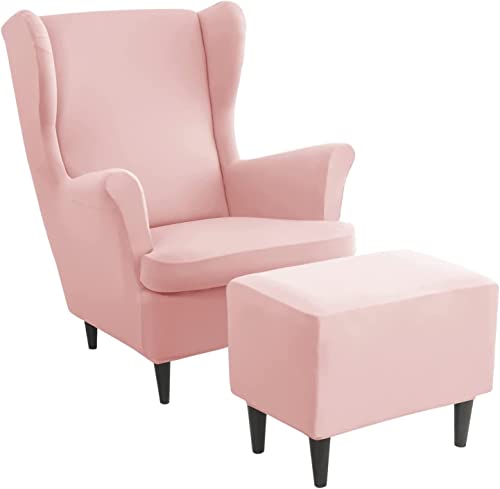 ZGantrix Ohrensessel überzug mit Hocker Bezug, 2 Teilig Sessel-Überwürfe+1 Teilig Ottomane Schonbezug, Beige/Grün/Rosa/Blau Ohrensessel Schonbezüge Sesselhusse Stretch Tiger Stuhlbezug mit Armlehne von ZGantrix