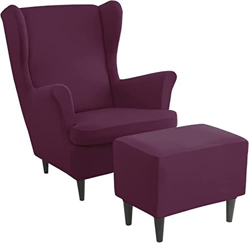 ZGantrix Ohrensessel überzug mit Hocker Bezug, 2 Teilig Sessel-Überwürfe+1 Teilig Ottomane Schonbezug, Beige/Grün/Rosa/Blau Ohrensessel Schonbezüge Sesselhusse Stretch Tiger Stuhlbezug mit Armlehne von ZGantrix