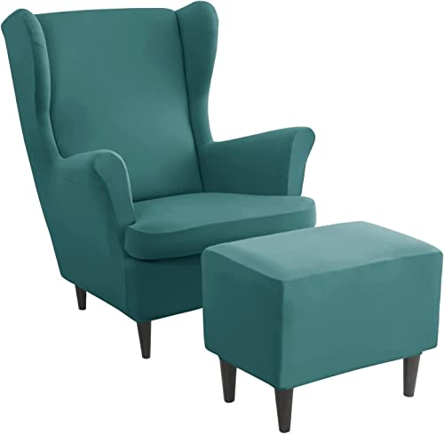 ZGantrix Ohrensessel überzug mit Hocker Bezug, 2 Teilig Sessel-Überwürfe+1 Teilig Ottomane Schonbezug, Beige/Grün/Rosa/Blau Ohrensessel Schonbezüge Sesselhusse Stretch Tiger Stuhlbezug mit Armlehne von ZGantrix
