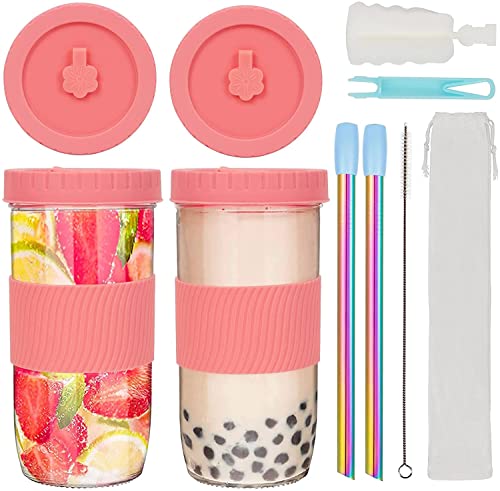 ZgoEC 24oz Bubble Tea Becher mit Strohhalm und Deckel, 2 Stück Trinkgläser mit Deckel und Strohhalm, Bubble Tea Gläser Glasbecher mit Strohhalm, Smoothie Becher Tumbler Cup für Boba Kaffee Smoothie von ZgoEC