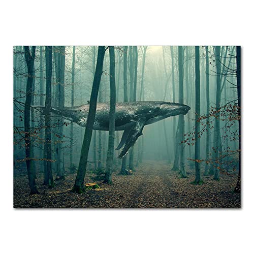 ZHANGWEIART Poster Wandbilder Abstrakter Wal, der im Wald schwimmt, Druckposter, Bäume, Frühlingslandschaft, kreative Wohnkultur, Bildkunst 60x90cm von ZHANGWEIART