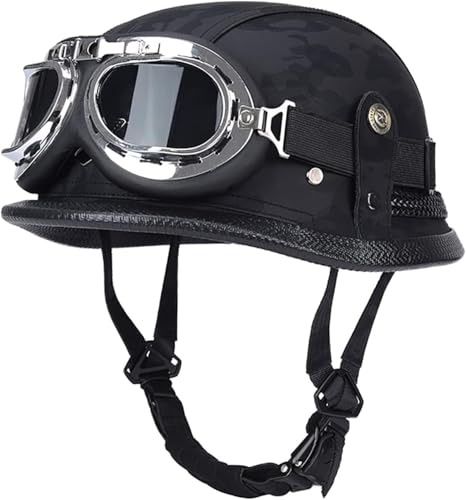 ZHANGXIO Motorrad Halbhelm Mit Eine Brille ECE Zertifizierung Bequemes Futter Schnellverschluss Leder Motorrad Halbhelme FüR Erwachsene von ZHANGXIO