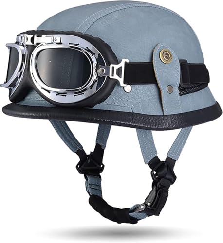 ZHANGXIO Retro Motorrad Halbhelme Leder Halbhelm Deutscher Stil Roller Cruiser Abnehmbarer Gehörschutz Mit Visier ECE Zertifiziert Roller-Helm Scooter Mofa-Helm von ZHANGXIO