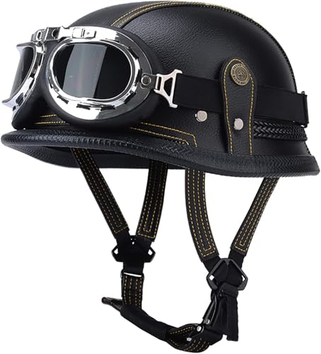 ZHANGXIO Retro Motorrad Halbhelme Leder Halbhelm Deutscher Stil Roller Cruiser Abnehmbarer Gehörschutz Mit Visier ECE Zertifiziert Roller-Helm Scooter Mofa-Helm von ZHANGXIO
