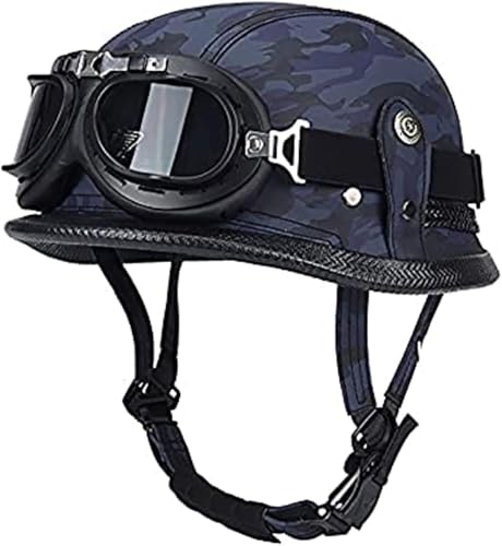 ZHANGXIO Retro Motorrad Halbhelme Leder Halbhelm Deutscher Stil Roller Cruiser Abnehmbarer Gehörschutz Mit Visier ECE Zertifiziert Roller-Helm Scooter Mofa-Helm von ZHANGXIO