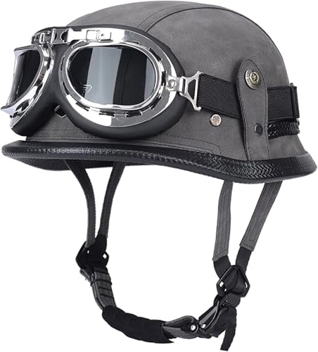 ZHANGXIO Retro Motorrad Halbhelme Leder Halbhelm Deutscher Stil Roller Cruiser Abnehmbarer Gehörschutz Mit Visier ECE Zertifiziert Roller-Helm Scooter Mofa-Helm von ZHANGXIO