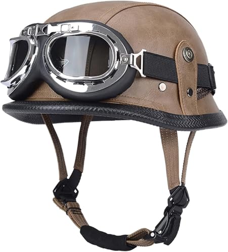 ZHANGXIO Retro Motorrad Halbhelme Leder Halbhelm Deutscher Stil Roller Cruiser Abnehmbarer Gehörschutz Mit Visier ECE Zertifiziert Roller-Helm Scooter Mofa-Helm von ZHANGXIO