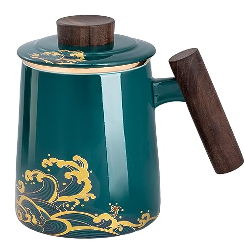 DISDADA Teetasse mit Deckel und Sieb, GroßE Keramik Teebecher 500ml, Losen Tee Oder Beutel Teeglas Mit Sieb Henkel, füR liefern Familie Freunde Geschenk (Dark Green Waves) von DISDADA