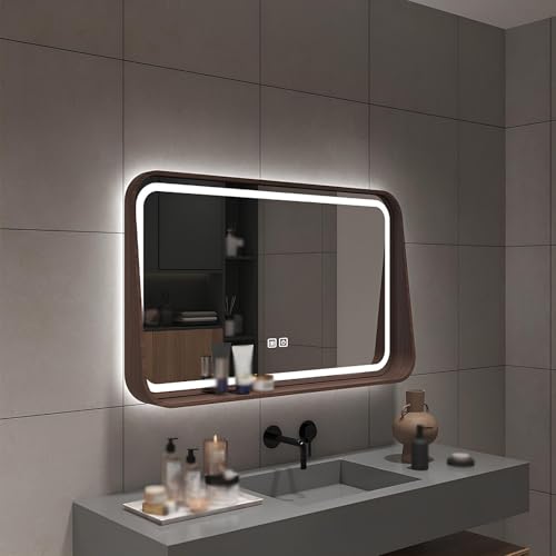Beschlagfreier, rechteckiger, beleuchteter Wandspiegel, quadratischer Badezimmer-Kosmetikspiegel mit Ablage, horizontal/vertikal, Smart Touch, 3 Farben, dimmbar (Walnuss, horizontal, 60 cm x Beschlagfreier, rechteckiger, beleuchteter Wandspiegel, quadratischer Badezimmer-Kosmetikspiegel mit Ablage, horizontal/vertikal, Smart Touch, 3 Farben, dimmbar (Walnuss, horizontal, 60 cm x von ZHANGshouf
