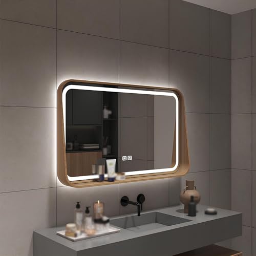 Beschlagfreier, rechteckiger, beleuchteter Wandspiegel, quadratischer Badezimmer-Kosmetikspiegel mit horizontaler/vertikaler Ablage, Smart Touch, 3 Farben, dimmbar (Holz, horizontal, 50 cm x von ZHANGshouf