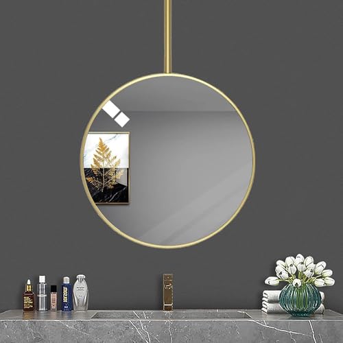Deckenmontierter Hängespiegel mit goldenem Metallrahmen und Aufhängestange (Aufhängestange kann individuell angepasst werden), schwebender, dekorativer runder Wandspiegel für das Badezimmer, von ZHANGshouf