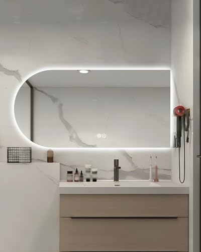 Gewölbter Badezimmerspiegel mit Hintergrundbeleuchtung, rahmenloser LED-Kosmetikspiegel mit 3-farbiger Dimmfunktion, Antibeschlagfunktion und IP54-Wasserdichtigkeit (rechts zugeschnitten, 60 von ZHANGshouf