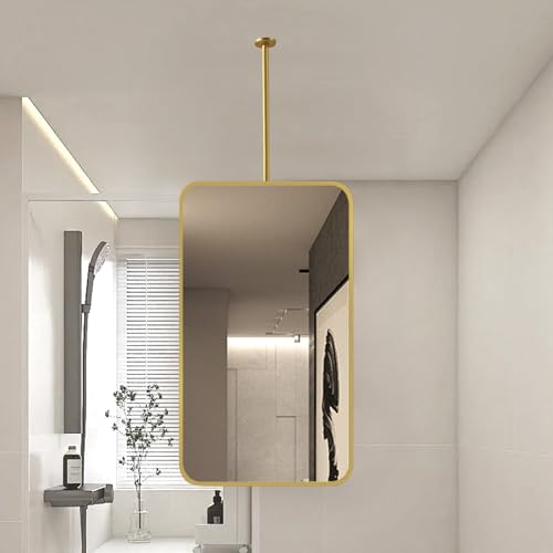 Rechteckiger Spiegel mit hängender Stange, Badezimmerspiegel zur Deckenmontage mit goldenem Metallrahmen und Ausleger (Ausleger kann individuell angepasst werden), schwebender Kosmetikspiege von ZHANGshouf