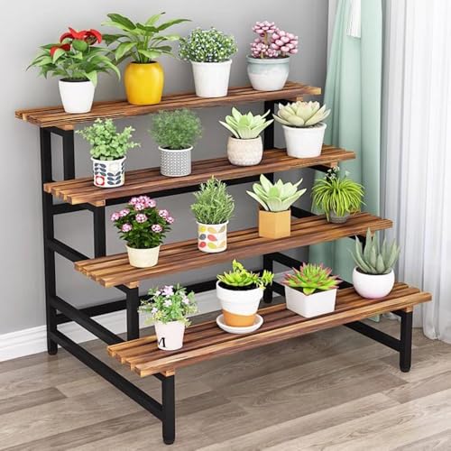 Wooden 4 Tier Plant Stand Shelf Display Rack for Indoor Outdoor Plants Flower Pot Organizer with Black Frame 80cm (31in) Height von ZHANGshouf