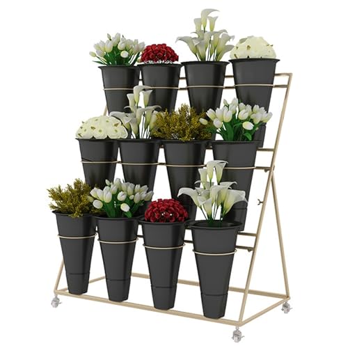 ZHANGshouf 3-stufiger Pflanzenständer aus Metall auf Rädern, mobiler Blumeneimerhalter mit 12 Eimern, ideal für Hochzeiten im Innenbereich und Floristen – vielseitiges schwarzes Pflanzgefäß-Display von ZHANGshouf
