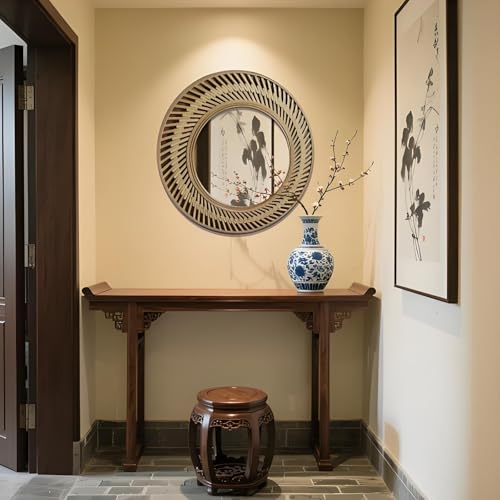 ZHANGshouf 30" Bambusrahmen Badezimmerspiegel im chinesischen Stil Bauernhaus Vintage Kreisspiegel für die Wanddekoration von ZHANGshouf