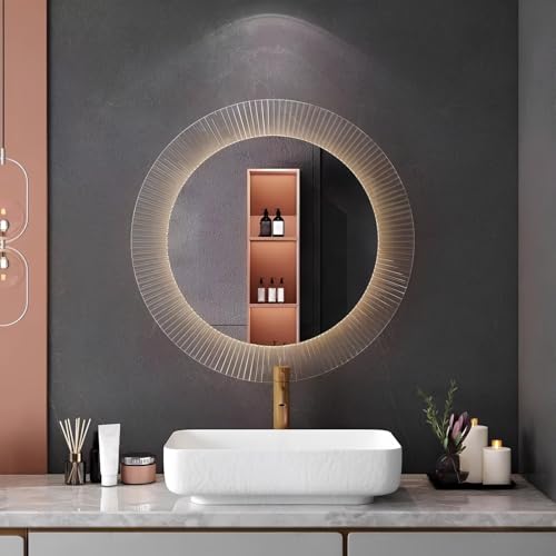 ZHANGshouf 60 cm/70 cm/80 cm/90 cm (24 ″/27 ″/31 ″/35 ″) LED-Wandspiegel für das Badezimmer, intelligenter, beleuchteter Kreisspiegel mit 3 Farblichtern, beschlagfreier Rahmen (80 c von ZHANGshouf